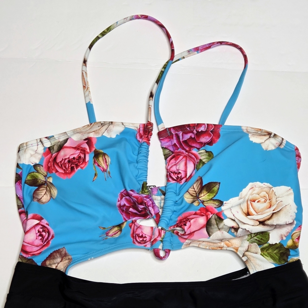 Cupshe Brynn Cutout Blue And Black Floral One Piece Swimsuit Size Large NwT - Picture 5 of 14
